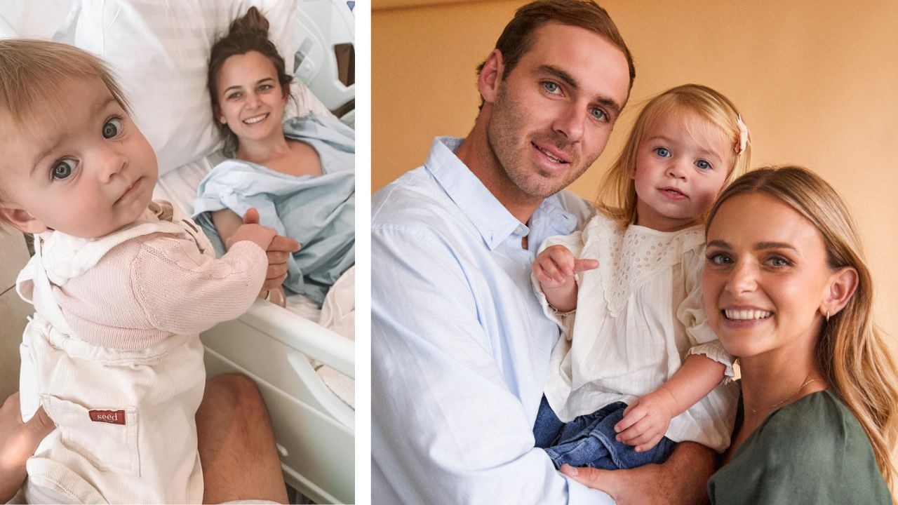 Left, Kellie Finlayson in hospital with her daughter Sophia, and right, with Sophia and husband Jeremy.