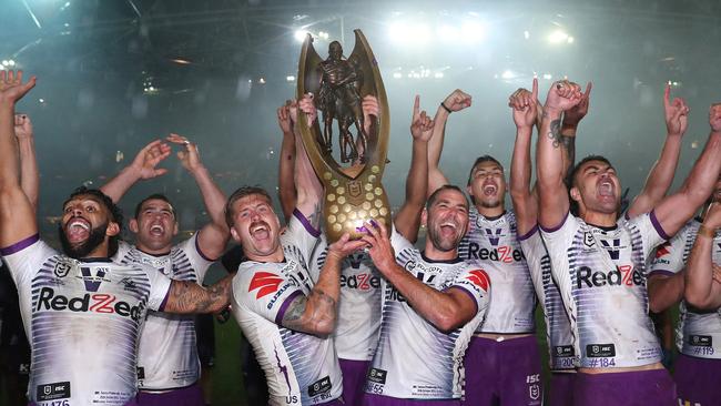 Melbourne Storm celebrate last year’s NRL grand final win in Sydney. Will it be back in Sydney this year? Picture: Brett Costello