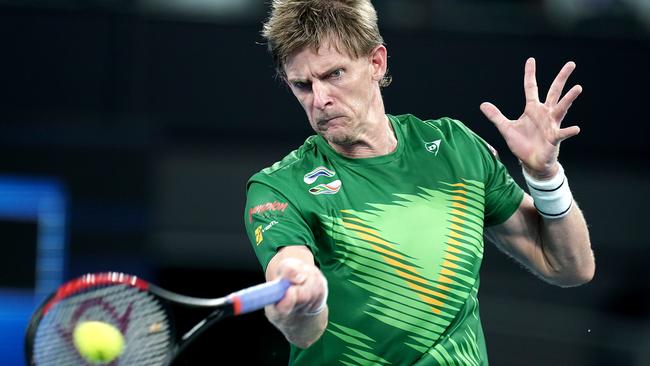 South Africa’s Kevin Anderson plays a return to Novak Djokovic. Picture: AAP