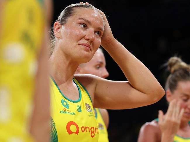 PERTH, AUSTRALIA - OCTOBER 27: Courtney Bruce of Australia looks on after being defeated during game three of the Constellation Cup between Australia Diamonds and Silver Ferns at RAC Arena on October 27, 2024 in Perth, Australia. (Photo by Paul Kane/Getty Images)