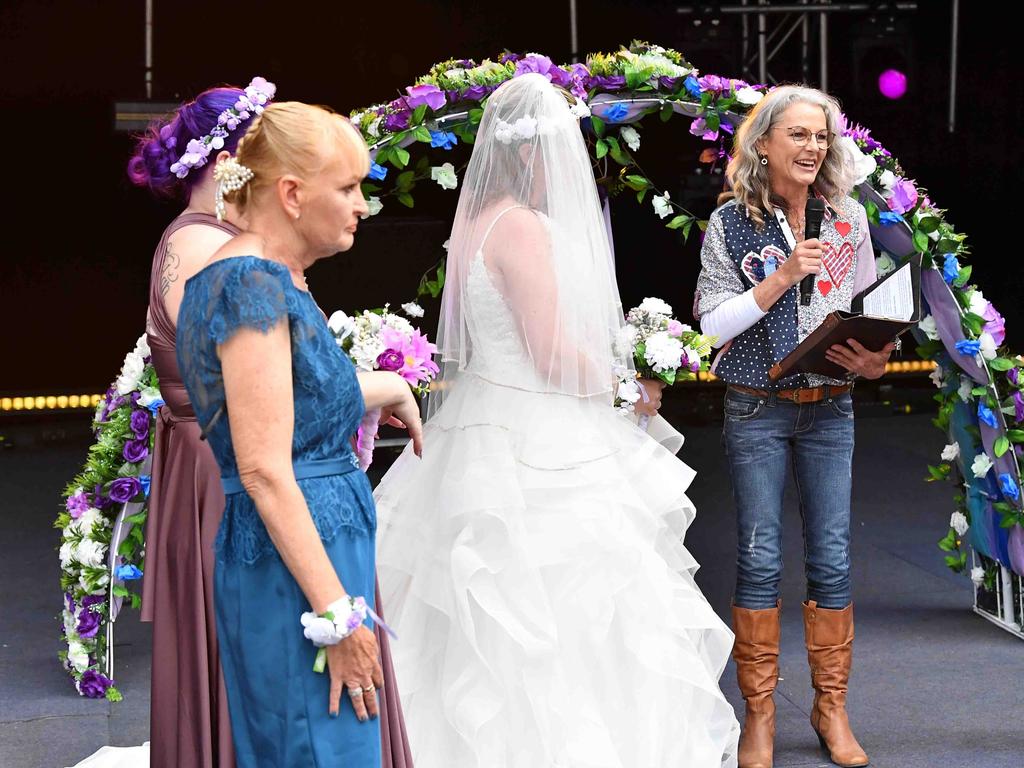 Simone Ward and Geoffrey Borninkhof, were married on The Hill Stage at Gympie Music Muster. Picture: Patrick Woods.