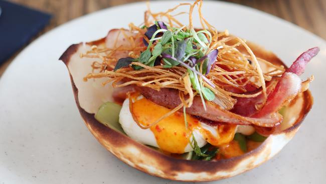 Binga and Mooch’s Sri Lankan hopper poached eggs in crispy crepe. Picture: Rebecca Michael