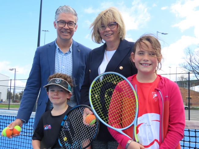 Tennis Tasmania general manager Darren Sturgess and vice president Pip Leedham with Launceston junior tennis players Edward Reid, 7, and Sophie Reid, 9, at the announcement of new tournaments in Launceston on Tuesday. Picture: Jon Tuxworth