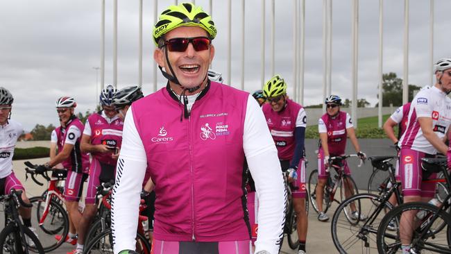 Former PM Tony Abbott on the Pollie Pedal. He said the ride across the country had allowed him to gauge the political mood of the nation. And the results are grim tidings for the government. Picture: Ray Strange.