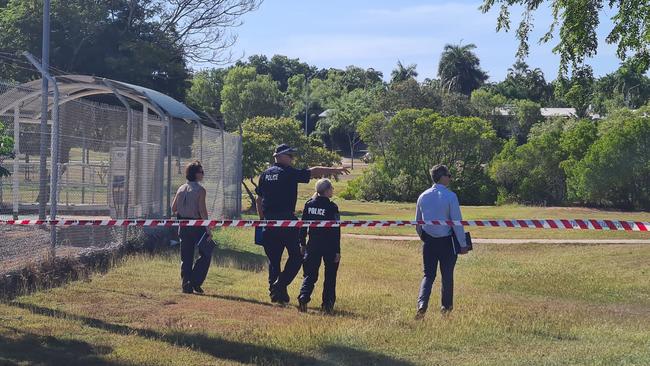 Police swarmed Bundilla Beach north of Darwin’s CBD on Wednesday morning. Picture: Thomas Morgan