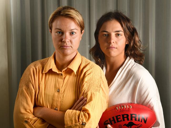 AFLW PLAYERS IN PODCAST. Courtney Cramey and Ebony Marinoff pictured at The Advertiser building. Picture: Tricia Watkinson