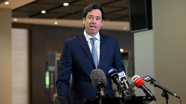 Gillon McLachlan answers questions from the media on Wednesday. Picture: Morgan Hancock/AFL Photos/via Getty Images