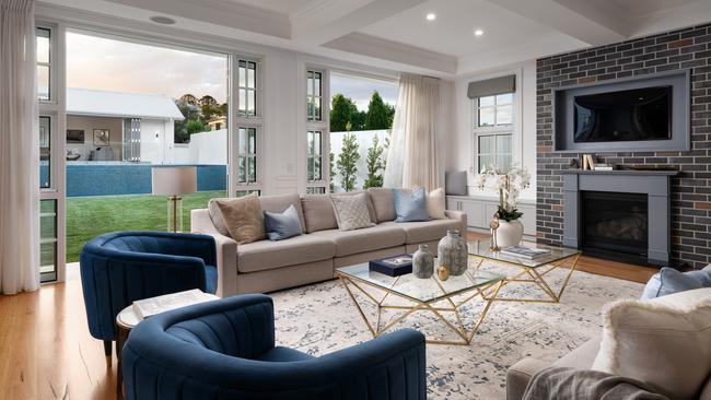 The Hamptons-style interior has several living spaces that encourage indoor-outdoor living.