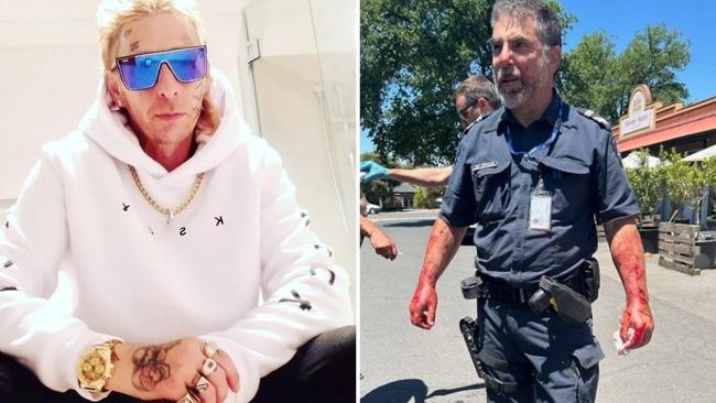 Bendigo thug Paul Wright, 44, pleaded guilty to viciously bashing Leading Senior Constable Bill Edwards with a motorcycle helmet in November, 2024. Picture: Supplied.