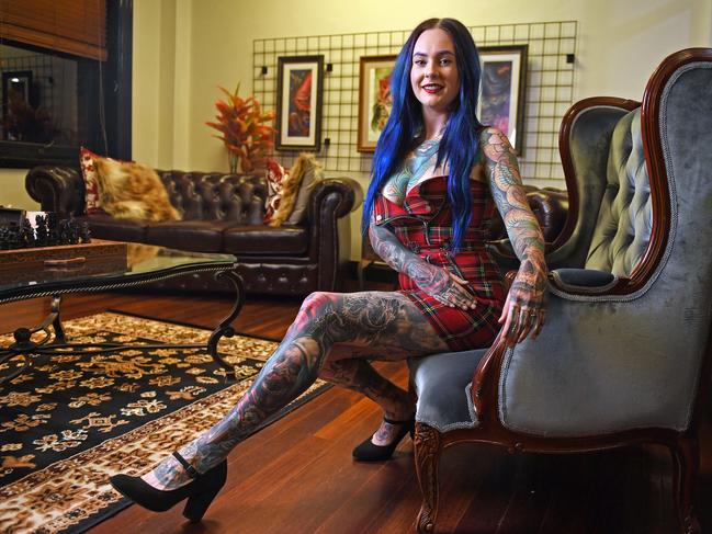 11/07/19 - Sarah Gray co-owner of  the Grim Raptor, a new tattoo studio off Gawler Place.Picture: Tom Huntley