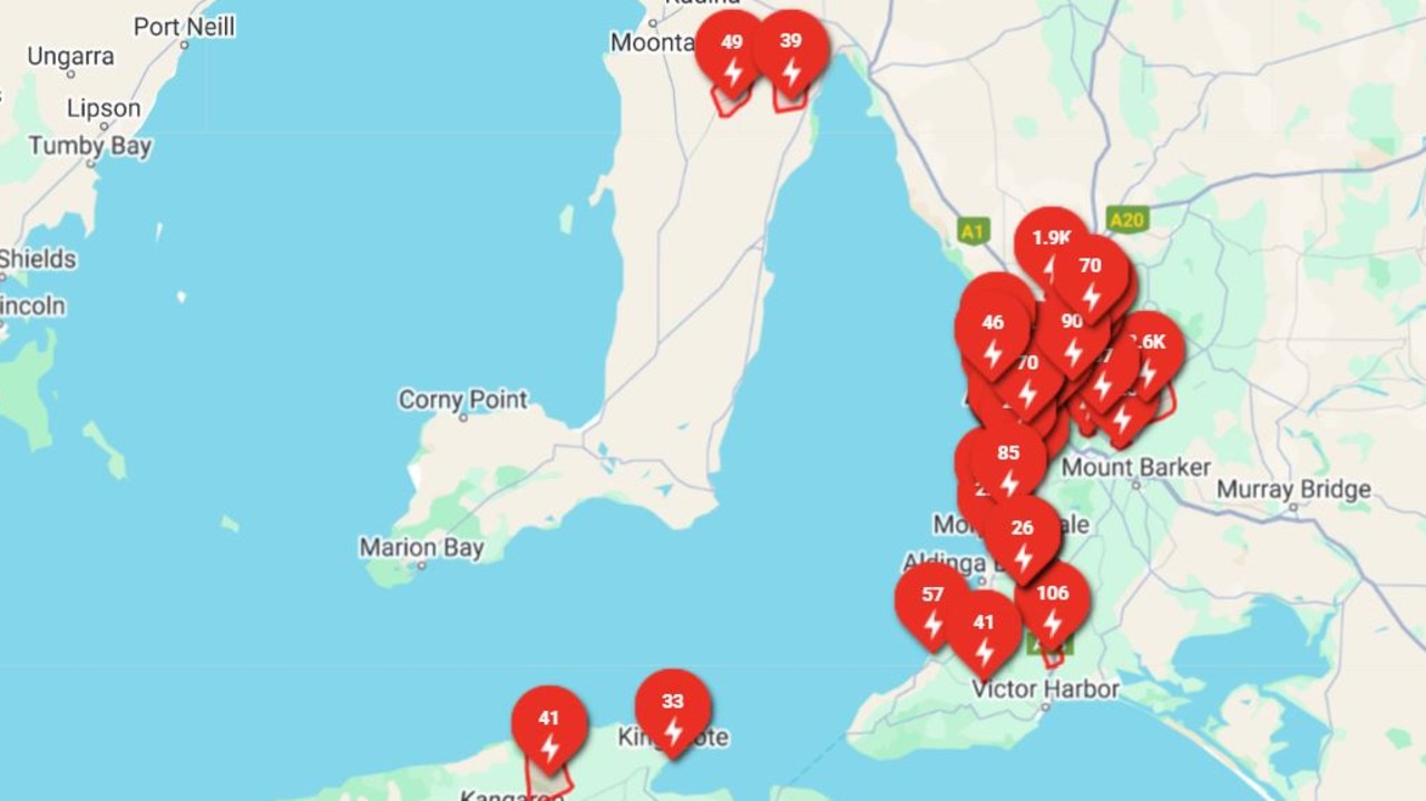 Nearly 13,000 homes and businesses were without power at about 1pm Monday as wild weather lashed SA. SAPN said blackouts peaked at about 16,000. Picture: SA Power Networks