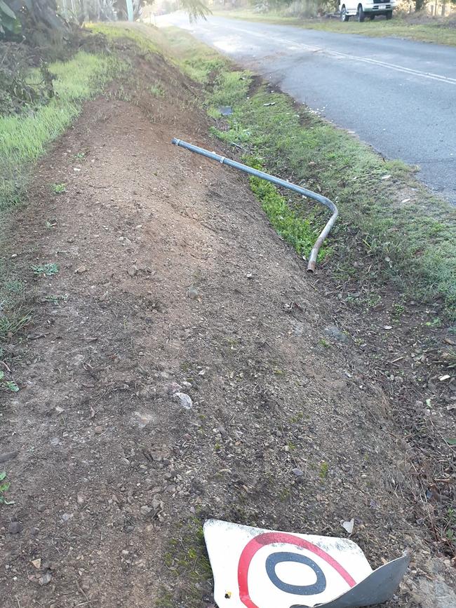 A road sign was damaged in a crash on Rammutt Road at Chatsworth this morning. Photo: Frances Klein