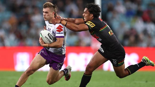 Storm fullback Ryan Papenhuyzen is collared by Jerome Luai Picture: Getty Images