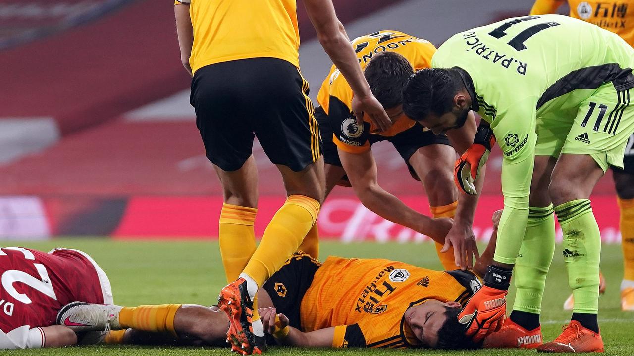 Raul Jimenez lay injured after during the English Premier League football match between Arsenal and Wolverhampton Wanderers.
