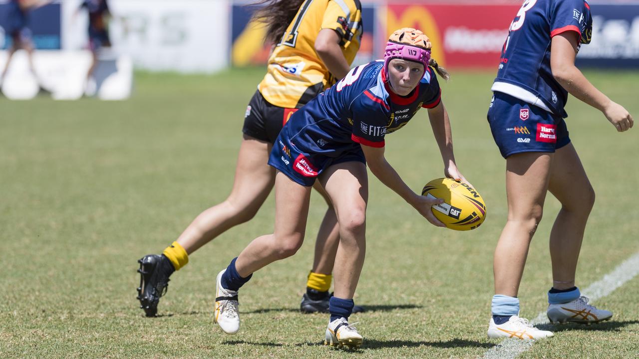 Mia Byrnes in action for the Western Clydesdales under-19s against Sunshine Coast Falcons. Mia will feature for the Australian Schoolgirls rugby team in their tour of New Zealand. Picture: Kevin Farmer