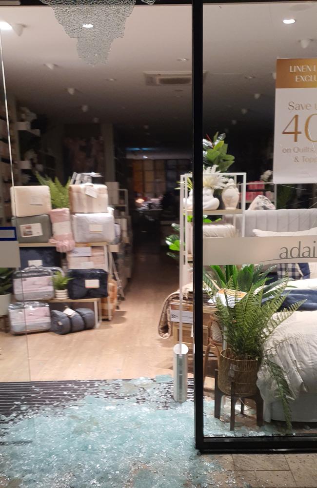 The aftermath of damage to shops at Brisbane St Mall in Launceston after a woman allegedly smashed more than 25 shop windows with a hammer on Thursday, May 11, 2023.