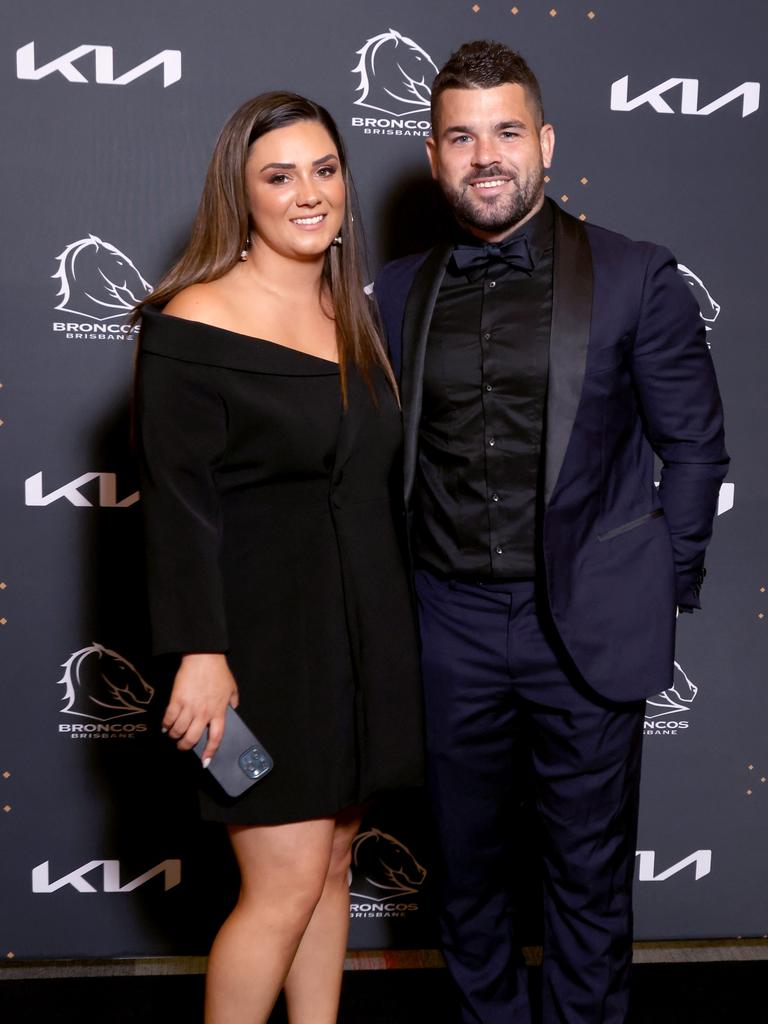 Adam Reynolds and wife Tallara Simon-Phillips at Brisbane Broncos’ 2022 awards night. Picture: Steve Pohlner