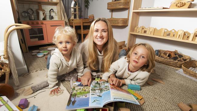 Carly Kruger with kids Flynn and Archer. Mums say they want to take parts of their lockdown lives into the post covid time. Picture: Rob Leeson.