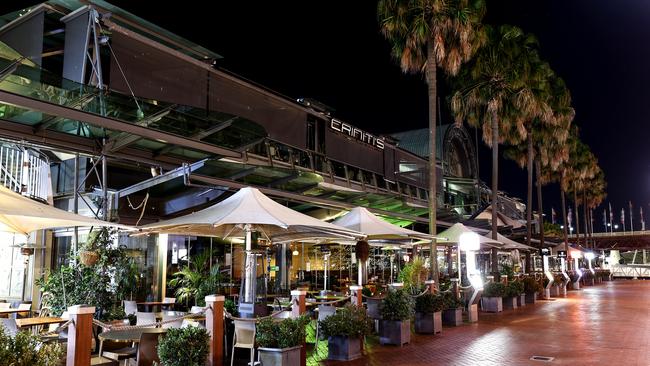 Closed restaurants in Sydney’s Darling Harbour after lockdown restrictions came into effect.