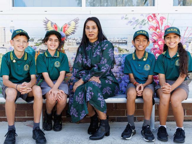 DAILY TELEGRAPH MARCH 25, 2024There will soon be an introduction of a new Behaviour Curriculum in all Australian schools as a way of lowering disruption in class and raising respect for teachers. Pictured is (left) Teodor Stanic, 11, Reem Jabbado, 11, Principal Manisha Gazula, Ethan Born, 11 and Ellie Georgiou, 11. Picture: David Swift