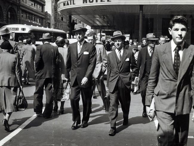 Men made heads turn when they strolled down Bourke St in Edwardian suits in 1954. Fashion experts said it was a year “that will see the biggest changes in mens clothing since the 1920s”. Edwardian jackets were selling so well that retailers couldn’t meet the demand. Picture: HWT Library.