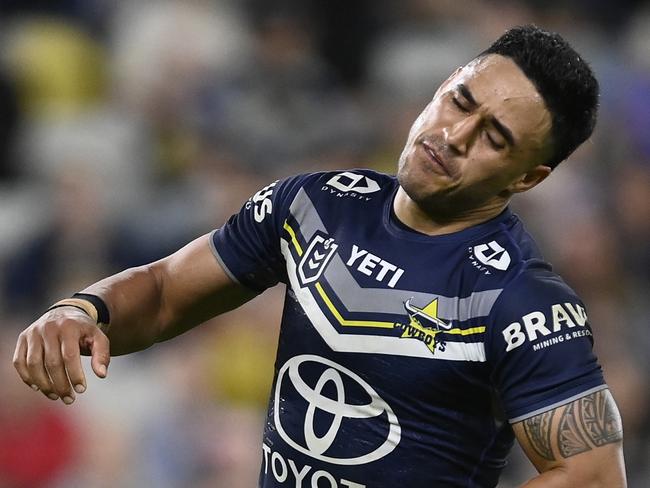 TOWNSVILLE, AUSTRALIA - JULY 06: Valentine Holmes of the Cowboys reacts after missing a field goal during the round 18 NRL match between North Queensland Cowboys and Manly Sea Eagles at Qld Country Bank Stadium, on July 06, 2024, in Townsville, Australia. (Photo by Ian Hitchcock/Getty Images)