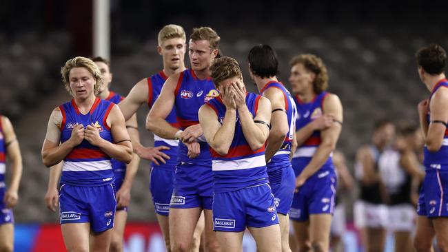 Bulldog Lachie Hunter reacts after the Dogs’ two-point loss. Picture: Michael Klein