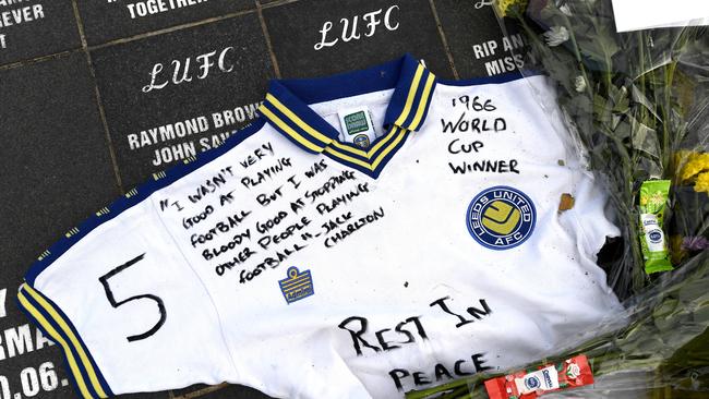 Tributes are paid to Jack Charlton outside Elland Road, the home of Leeds United, Charlton’s only club as a player. Picture: Getty Images