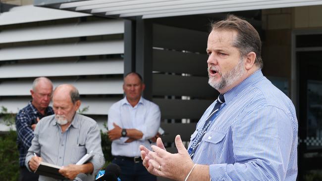 Far North Queensland police Detective inspector Kevin Goan speaks in front of the Mareeba Police Station on the Atherton Tablelands about the arrest of wanted fugitive Graham Gene Potter at a residential property at Ravenshoe on Monday, 21 February. Picture: Brendan Radke