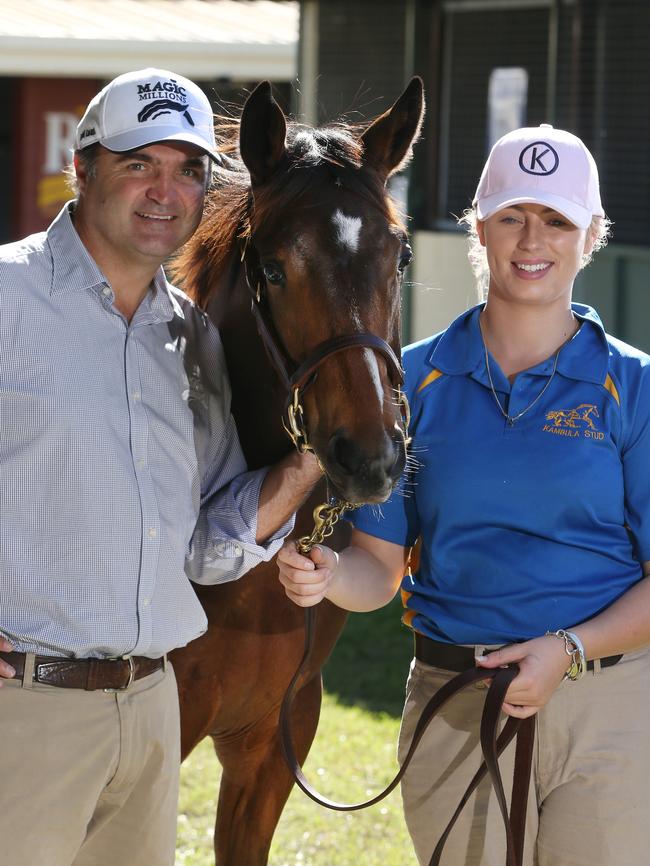 Managing Director Vin Cox with Lot 117, a Colt by Not a Single Doubt/ Umaquest from Kambula Stud in South Australia, and handler Amelia Caulton. Picture: Glenn Hampson