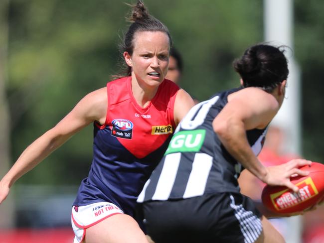 AFLW player Daisy Pearce first game back since having twins. Melbourne v Collingwood AFLW practice match Picture: Alex Coppel.