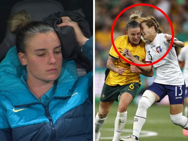 The heavy contact and Logarzo on the bench afterwards. Photos: Channel 10/Getty Images