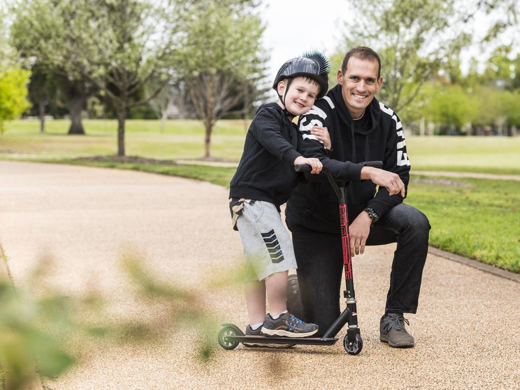 Greg Chambers with son Michael Chambers at the Man with a Pram event on Father's Day, Sunday, September 5, 2021. Picture: Kevin Farmer