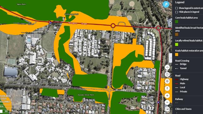 A map of the Ormiston College site with the dark-green areas showing Core Koala Habitat areas under state government mapping. Picture: Ormiston College