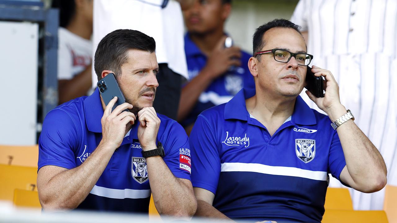 John Khoury (R) with Bulldogs CEO Aaron Warburton. Khoury and his board may face a challenge at elections in February. Picture: Sam Ruttyn