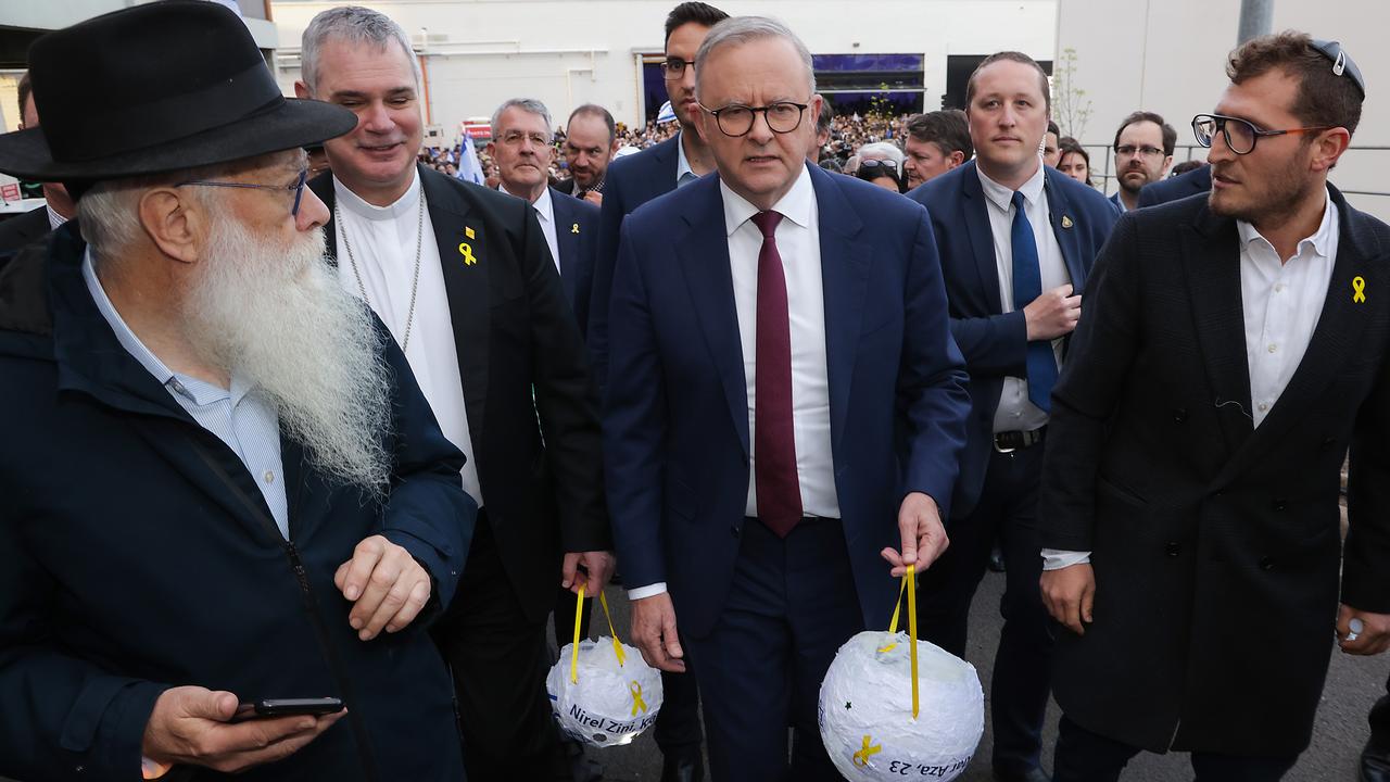 Prime Minister Anthony Albanese attended the Illuminate Israel vigil in Melbourne on the first anniversary of the Hamas attacks in Israel. Picture: NewsWire/Ian Currie