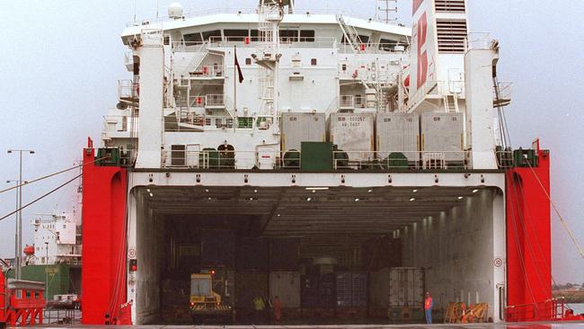 A ship is unloaded at Port Melbourne after crossing the Bass Strait.