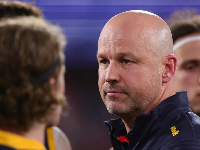 ADELAIDE, AUSTRALIA - JUNE 15: Matthew Nicks, Senior Coach of the Crows during the 2024 AFL Round 14 match between the Adelaide Crows and the Sydney Swans at Adelaide Oval on June 15, 2024 in Adelaide, Australia. (Photo by Sarah Reed/AFL Photos via Getty Images)