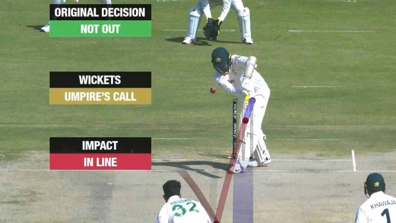 Nathan Lyon survived this LBW DRS shout. Photo: Fox Sports, Kayo.