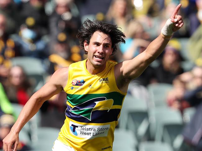 SANFL GRAND FINAL - Sunday, 3rd October, 2021. Glenelg v Eagles at The Adelaide Oval. Troy Menzel of the Eagles celebrates a goal Picture: Sarah Reed