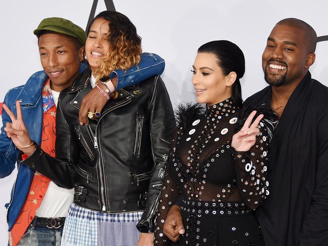 NEW YORK, NY - JUNE 01: (L-R) Pharrell Williams, Helen Lasichanh, Kim Kardashian and Kanye West attend the 2015 CFDA Fashion Awards at Alice Tully Hall at Lincoln Center on June 1, 2015 in New York City. (Photo by Dimitrios Kambouris/Getty Images)