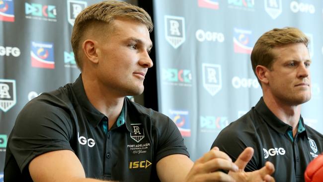 Ollie Wines was announced as vice-captain of the Port Adelaide Football Club during a press conference at Alberton Oval last Friday. (AAP Image/Kelly Barnes)