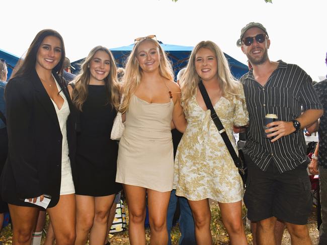 Krystal Davis, Natasha Burgess, Shenae Gordon, Bridgette Doepel and Matt Tosh at the Alex Scott &amp; Staff Woolamai Cup on Saturday, February 8, 2025. Picture: Jack Colantuono