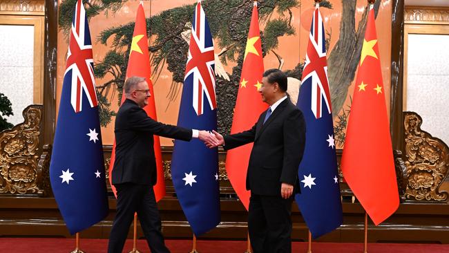 Prime Minister Anthony Albanese meets with China’s President Xi Jinping at the Great Hall of the People in Beijing. Picture: AAP