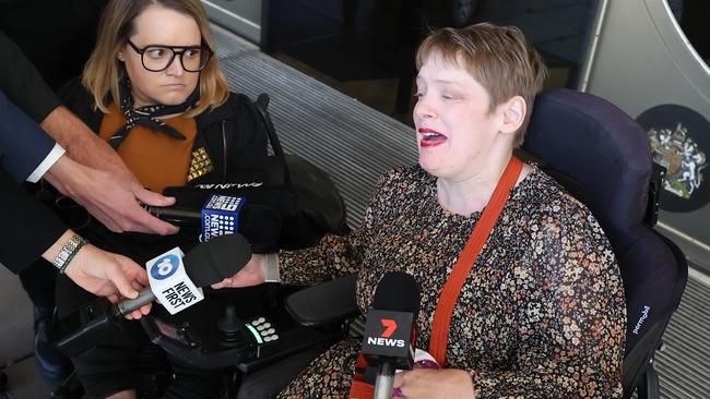 Disability advocate Kelly Vincent, right, outside court after Maione’s sentencing. Picture: NCA NewsWire / David Mariuz.