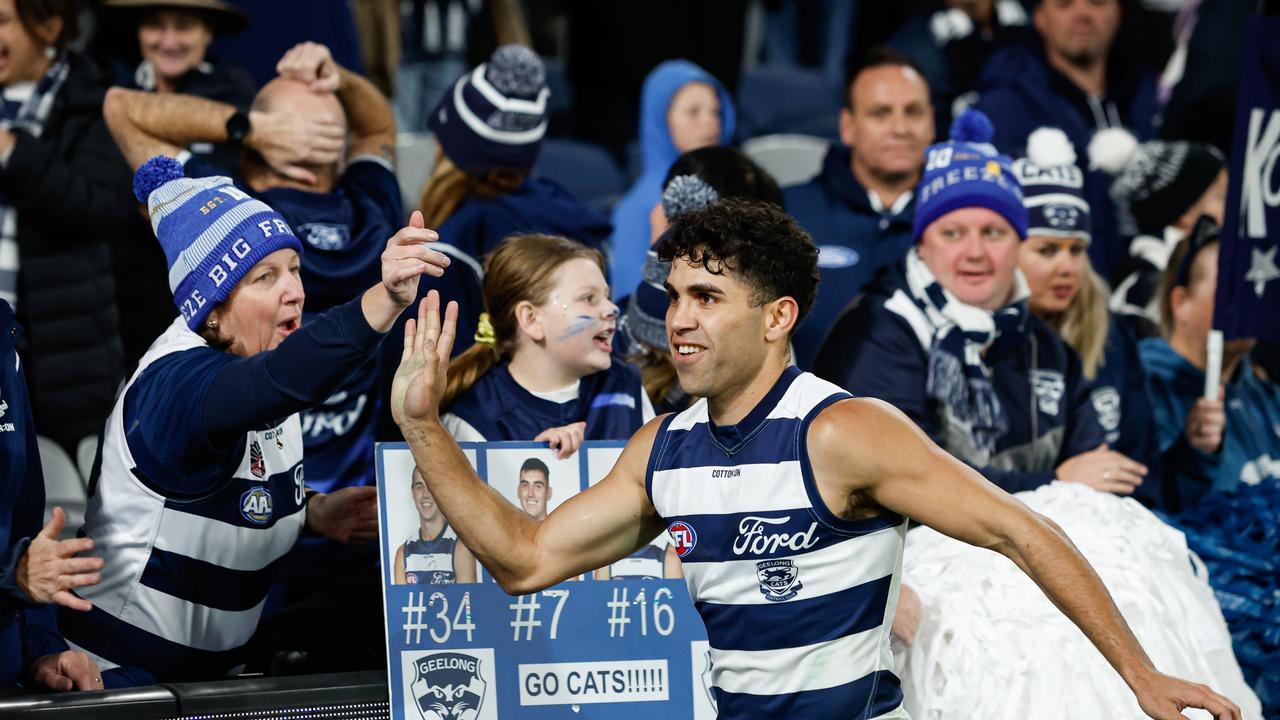 Tyson Stengle celebrates with fans after the win over Richmond. Picture: Dylan Burns/AFL Photos via Getty Images