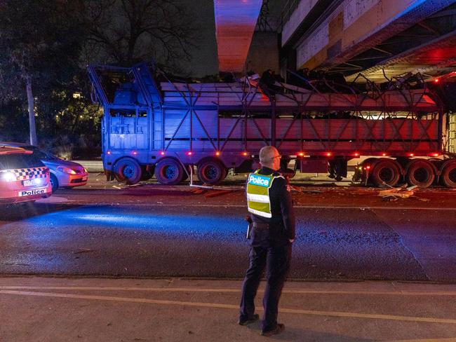 The truck hit a rail bridge. Picture: Jake Nowakowski