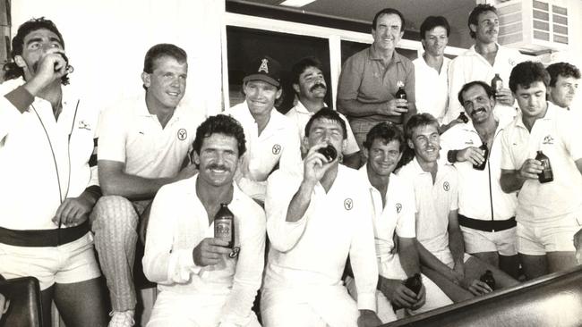 Dean Jones, fourth from left, celebrates with his Australian teammates after 1987’s first Test victory over New Zealand at the Gabba.