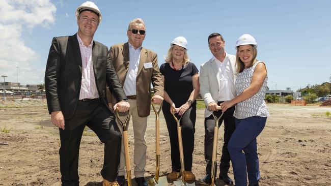 Gold Coast Airport Chief Executive Officer Chris Mills with developer John Robinson, Federal MP for McPherson Karen Andrews, Rydges Hotels and Resorts General Manager Gold Coast Stephen Oakley and Queensland Tourism Industry Development Minister Kate Jones at the turning of the first sod of the new Rydges Hotel at Gold Coast Airport.