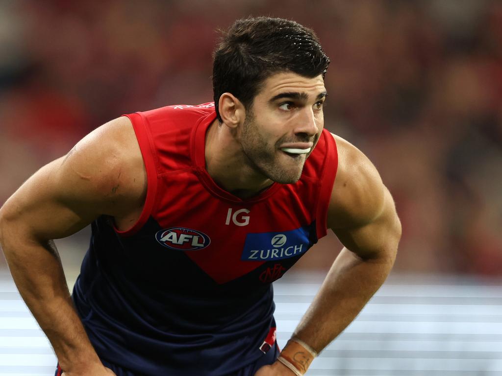 MELBOURNE, AUSTRALIA – APRIL 11: Christian Petracca of the Demons looks on during the round five AFL match between Melbourne Demons and Brisbane Lions at Melbourne Cricket Ground, on April 11, 2024, in Melbourne, Australia. (Photo by Robert Cianflone/Getty Images)